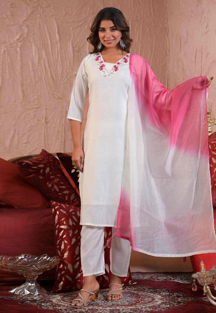 White Viscose Readymade Pakistani Suit
