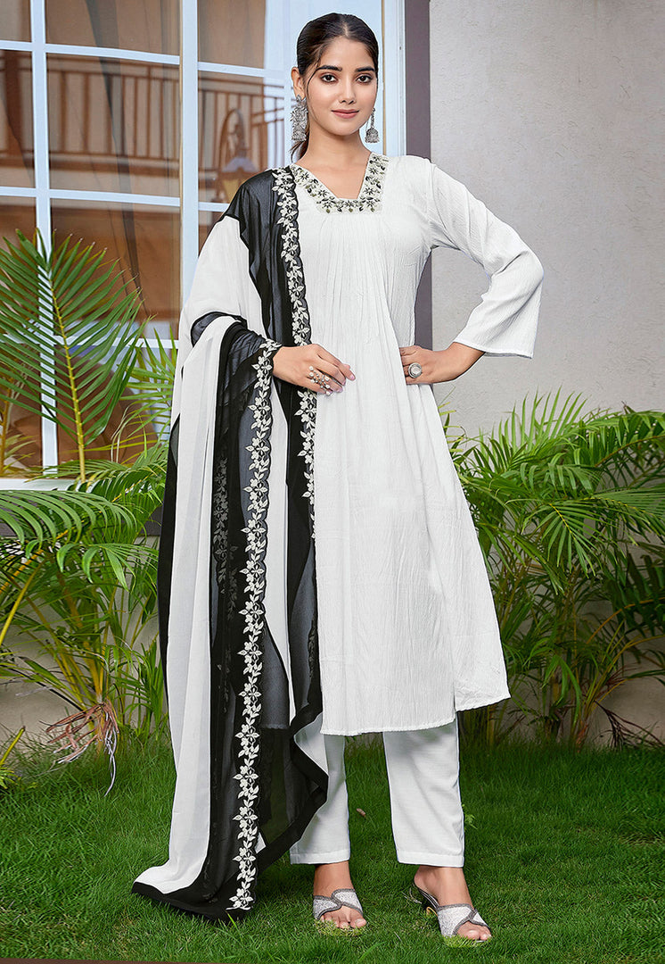 White Viscose Readymade Pant Style Suit