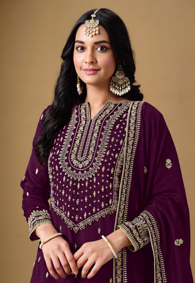 Wine Art Silk Gharara Suit