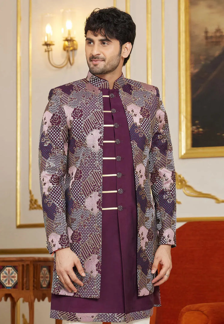 Wine Art Silk Jacket Style Sherwani