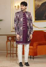 Load image into Gallery viewer, Wine Art Silk Jacket Style Sherwani
