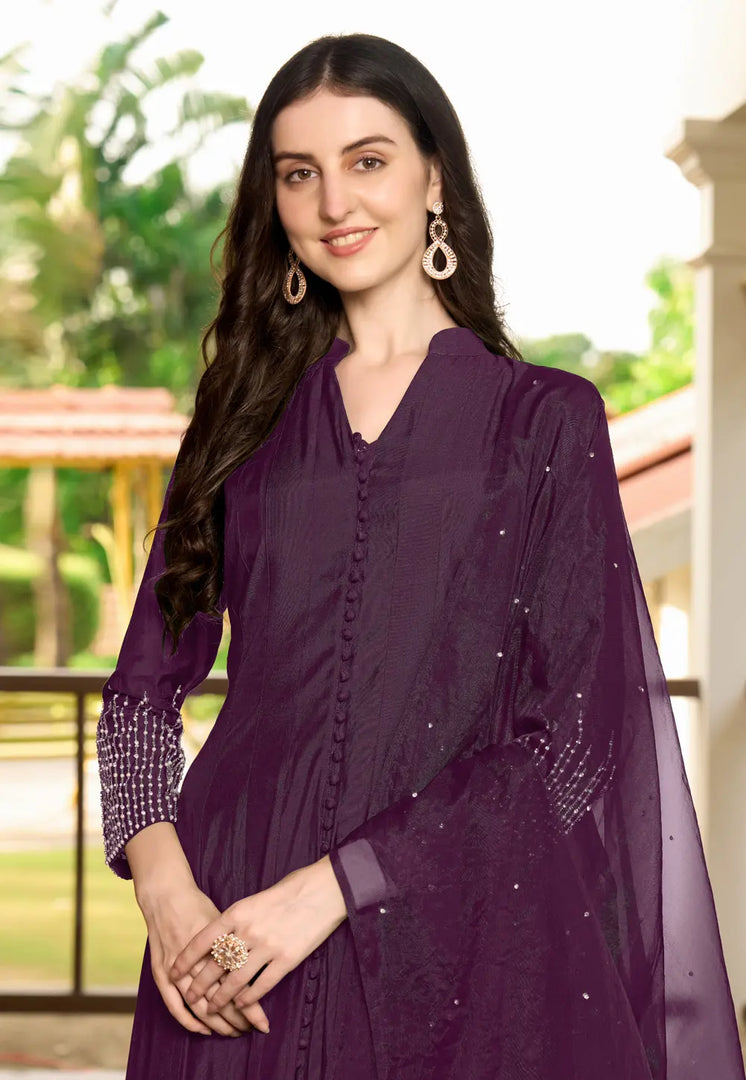 Wine Art Silk Readymade Pant Style Suit