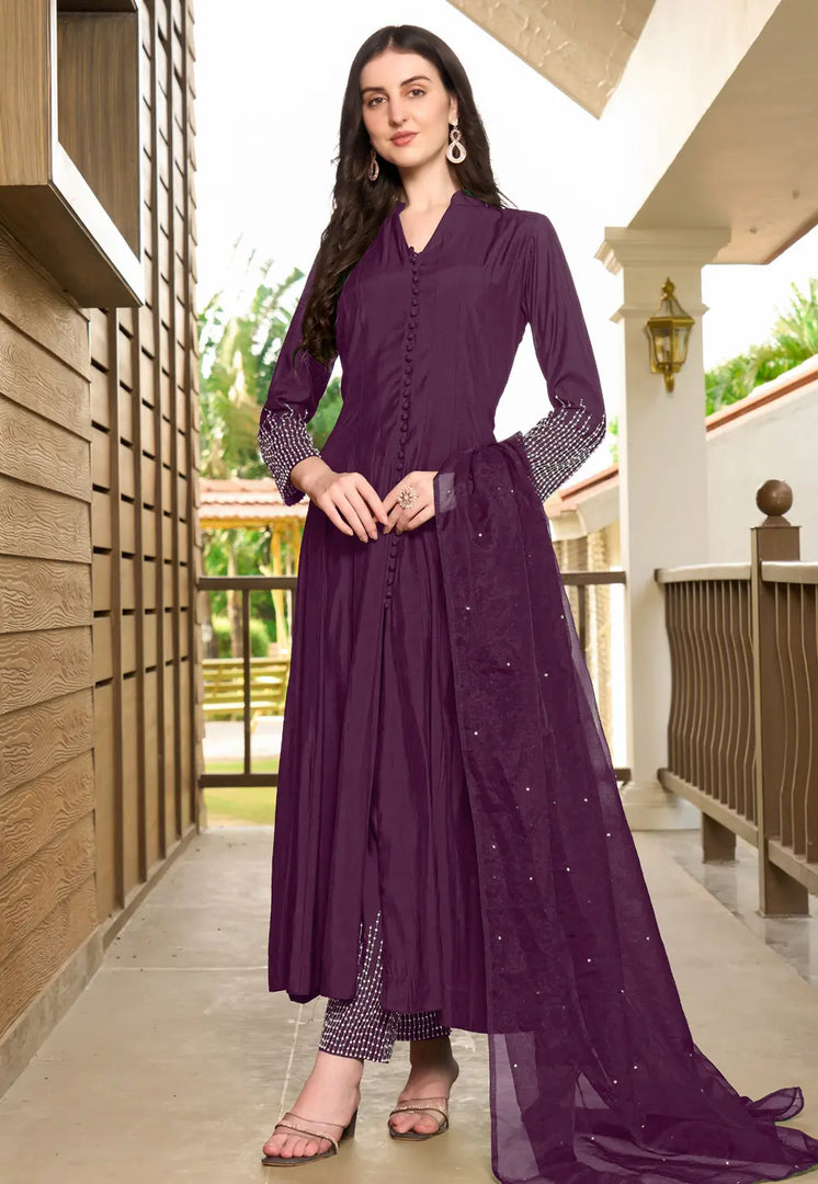 Wine Art Silk Readymade Pant Style Suit