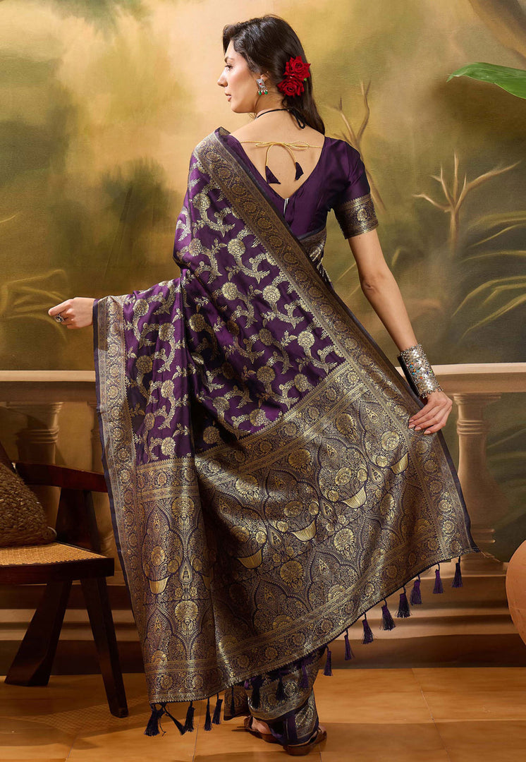 Wine Banarasi Jacquard Saree