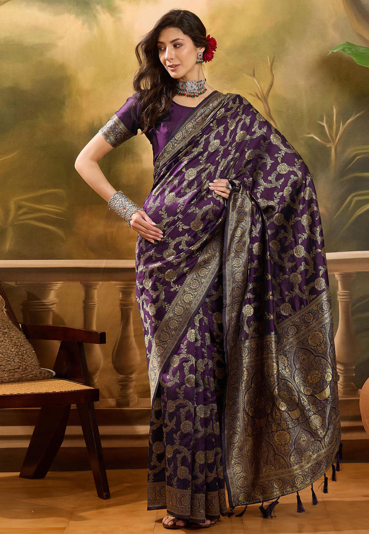 Wine Banarasi Jacquard Saree