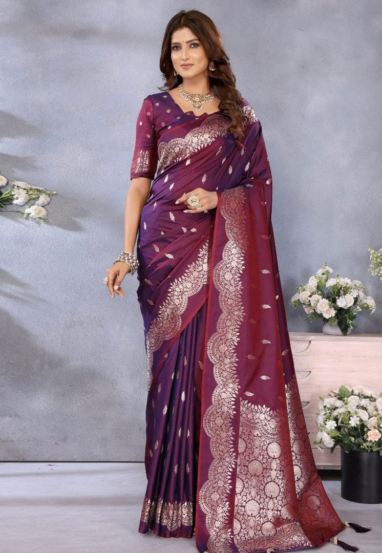 Wine Banarasi Silk Saree