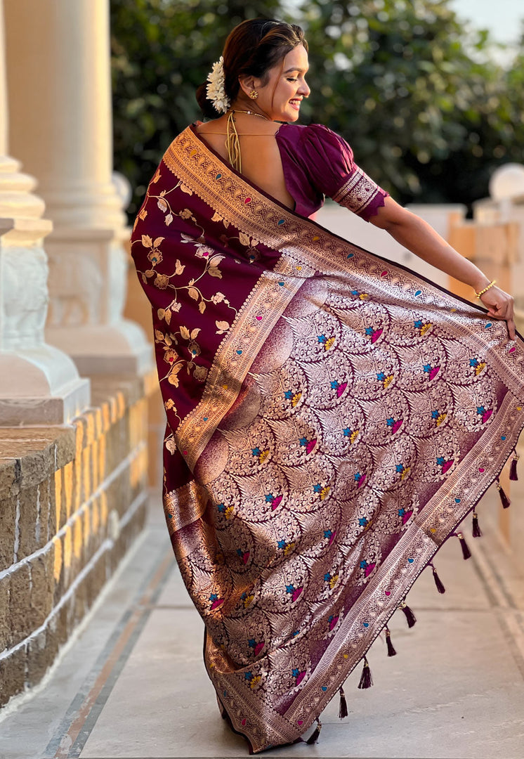 Wine Banarasi Silk Saree