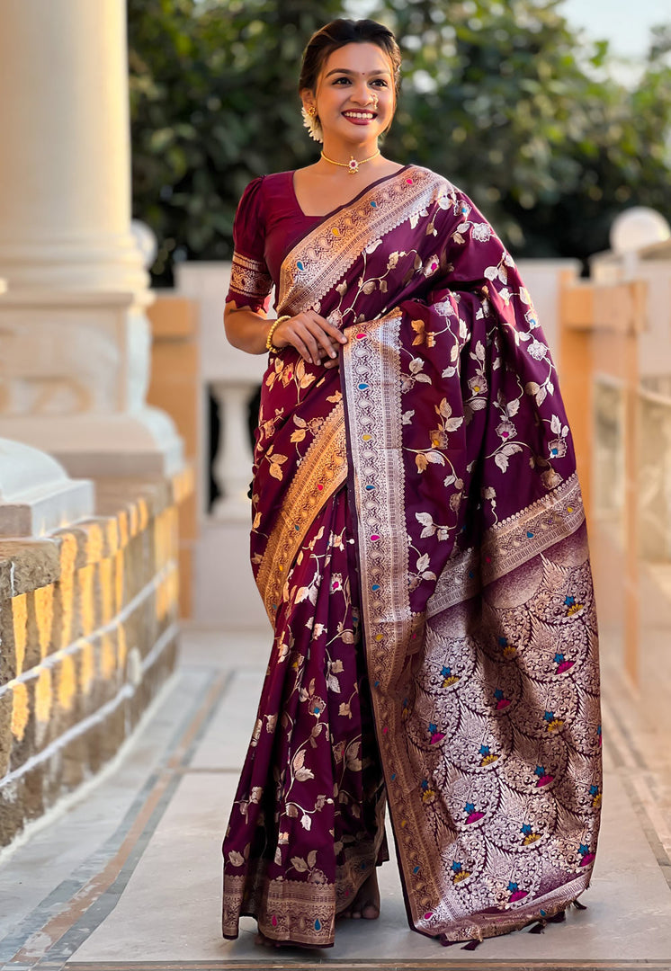 Wine Banarasi Silk Saree