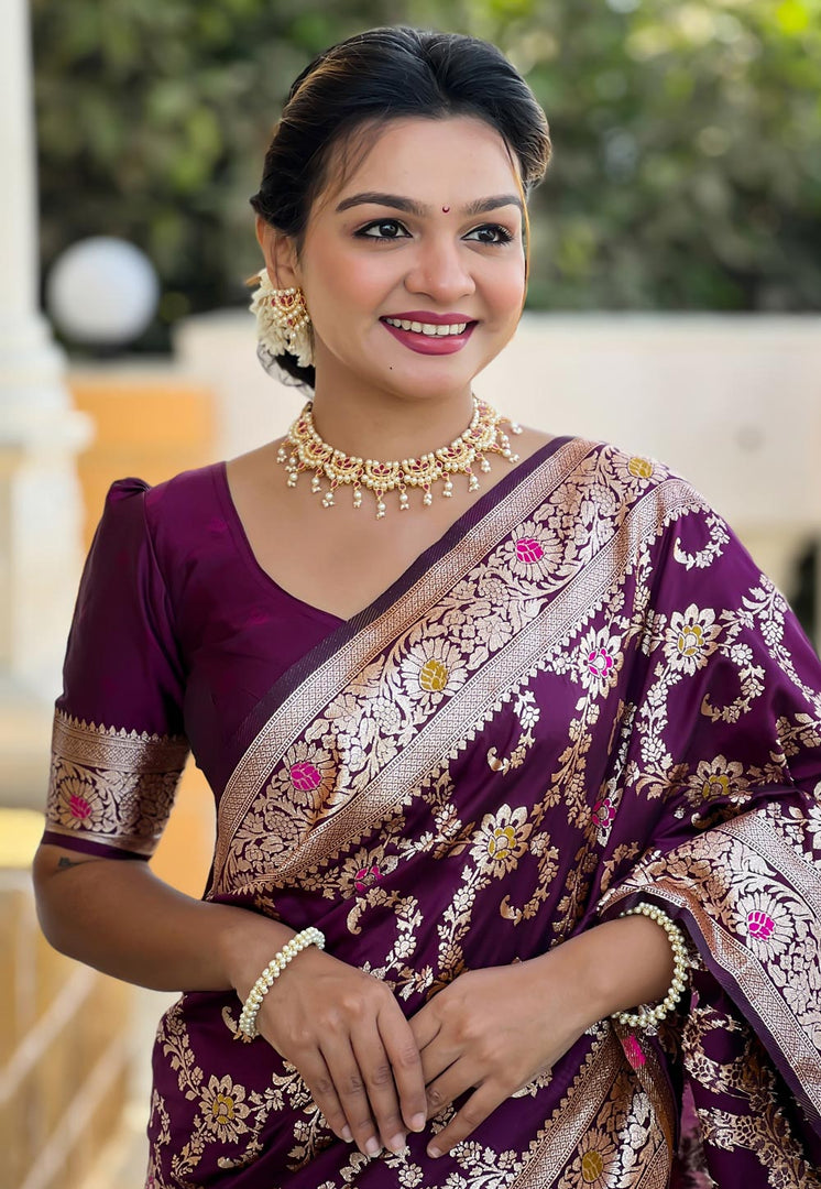 Wine Banarasi Silk Saree With Blouse