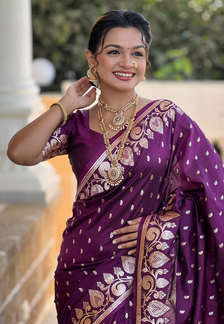 Wine Banarasi Silk Saree With Blouse