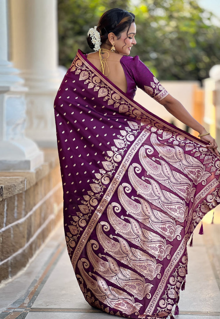 Wine Banarasi Silk Saree With Blouse