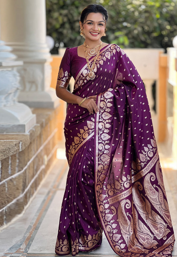 Wine Banarasi Silk Saree With Blouse