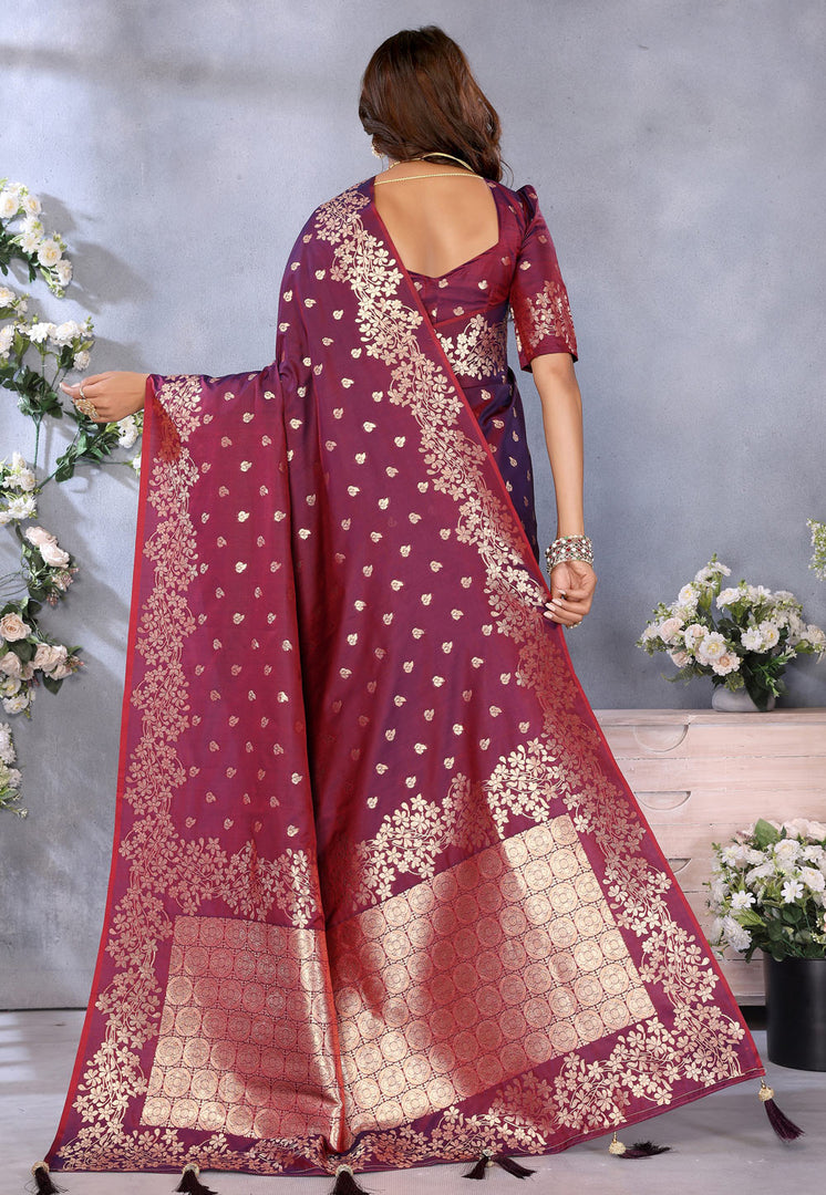 Wine Banarasi Silk Saree With Blouse
