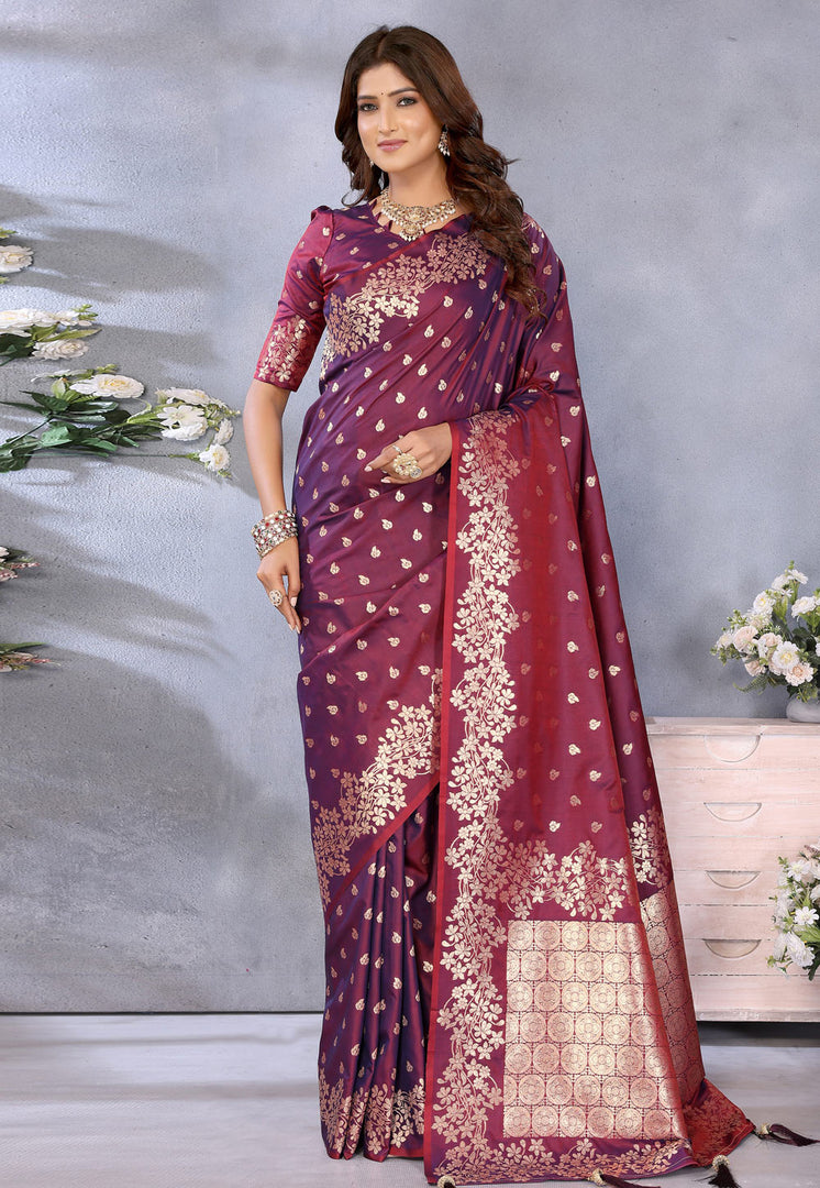 Wine Banarasi Silk Saree With Blouse