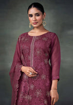 Load image into Gallery viewer, Wine Chiffon Embroidered Pant Style Suit
