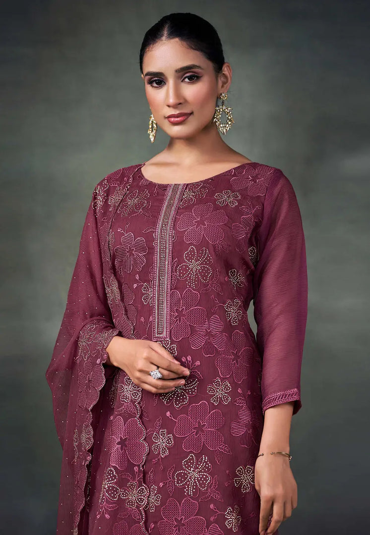 Wine Chiffon Embroidered Pant Style Suit