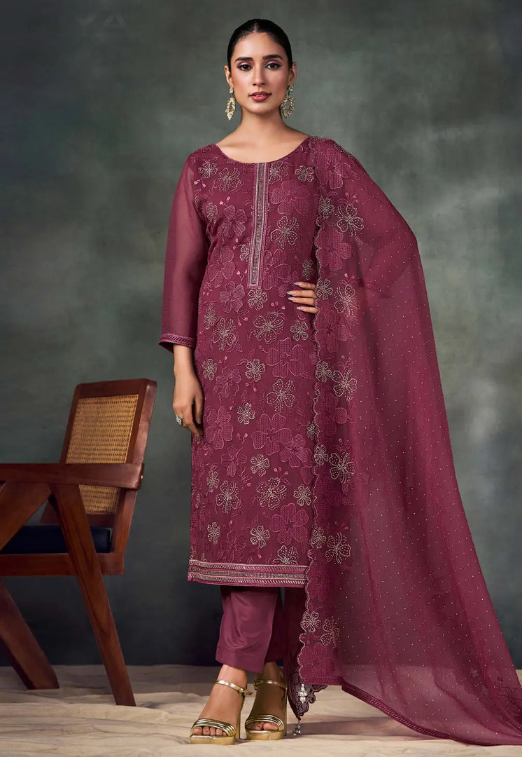 Wine Chiffon Embroidered Pant Style Suit
