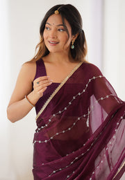 Wine Chiffon Saree With Blouse