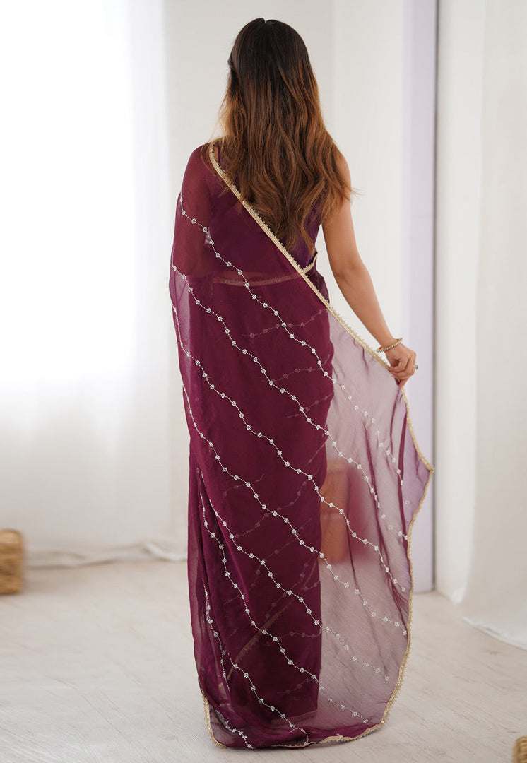 Wine Chiffon Saree With Blouse