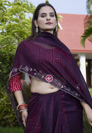 Wine Chiffon Saree With Blouse