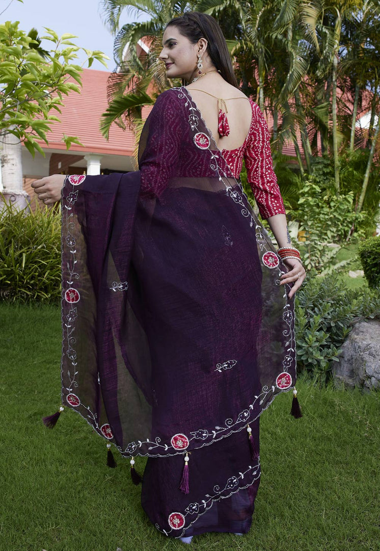 Wine Chiffon Saree With Blouse