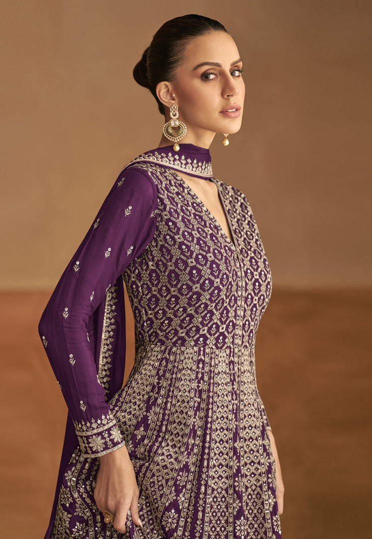 Wine Chinon Embroidered Anarkali Suit