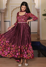 Load image into Gallery viewer, Wine Chinon Silk Long Anarkali Suit
