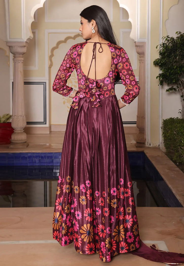 Wine Chinon Silk Long Anarkali Suit