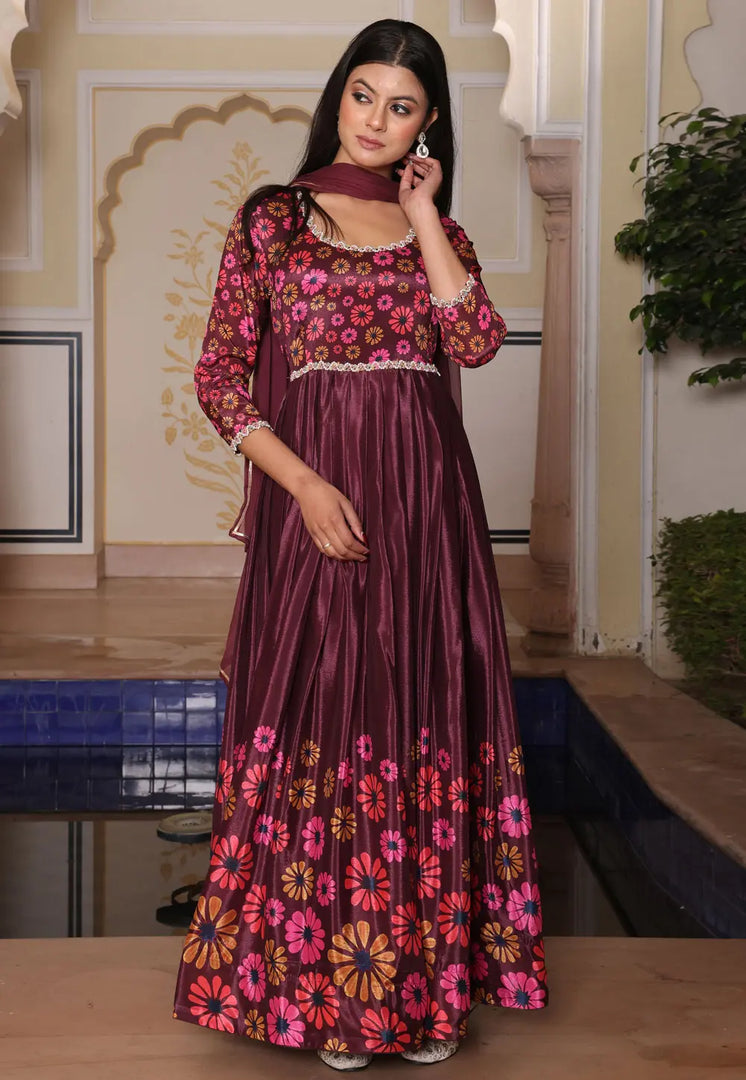 Wine Chinon Silk Long Anarkali Suit