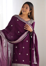Load image into Gallery viewer, Wine Chinon Silk Readymade Gharara Suit
