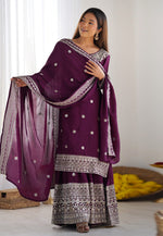 Load image into Gallery viewer, Wine Chinon Silk Readymade Gharara Suit
