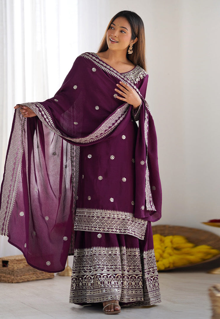 Wine Chinon Silk Readymade Gharara Suit