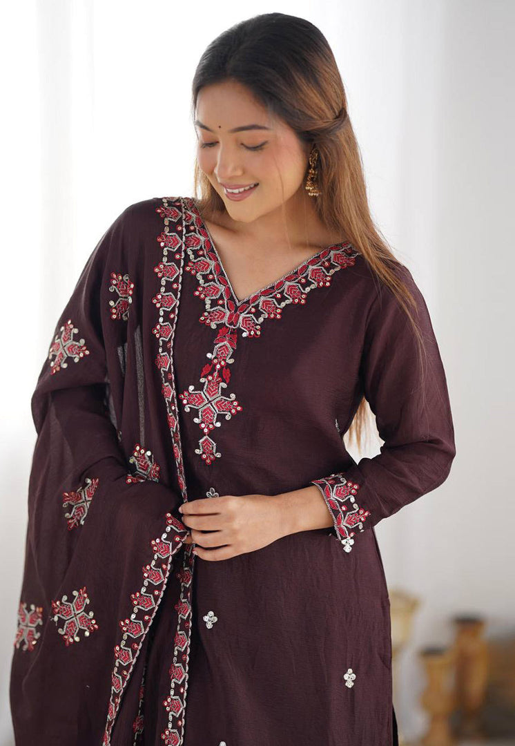 Wine Chinon Silk Readymade Pakistani Suit