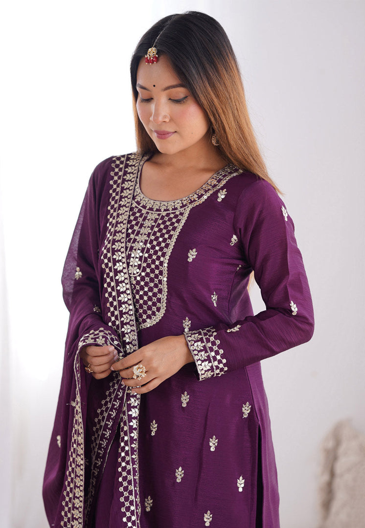 Wine Chinon Silk Readymade Palazzo Suit