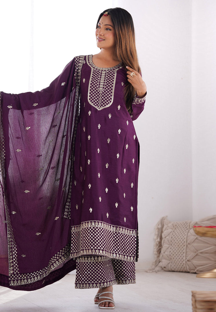 Wine Chinon Silk Readymade Palazzo Suit