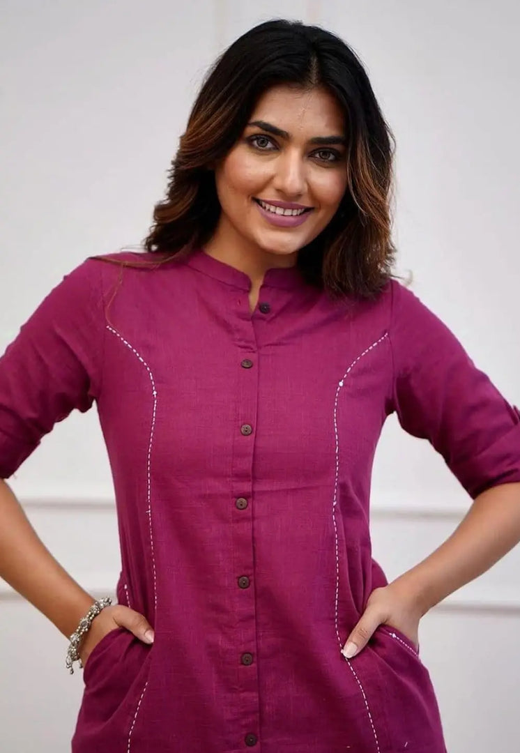 Wine Cotton Kurta Set With Pent