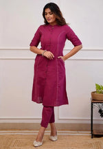 Load image into Gallery viewer, Wine Cotton Kurta Set With Pent
