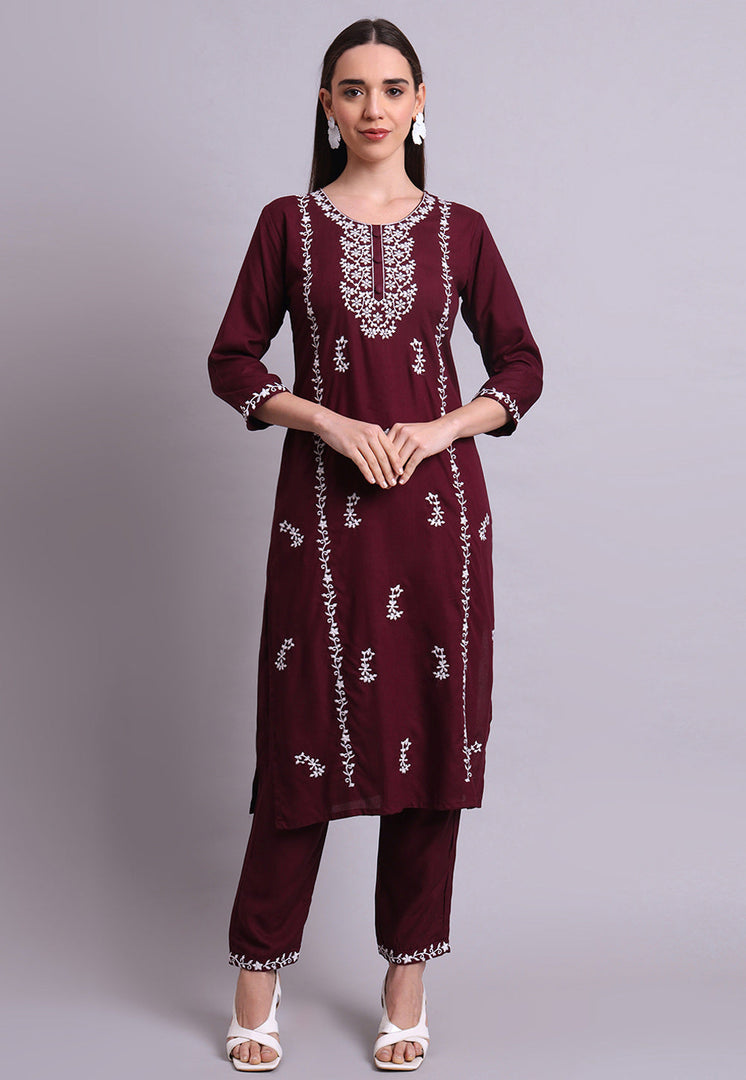Wine Cotton Kurta Set With Pent