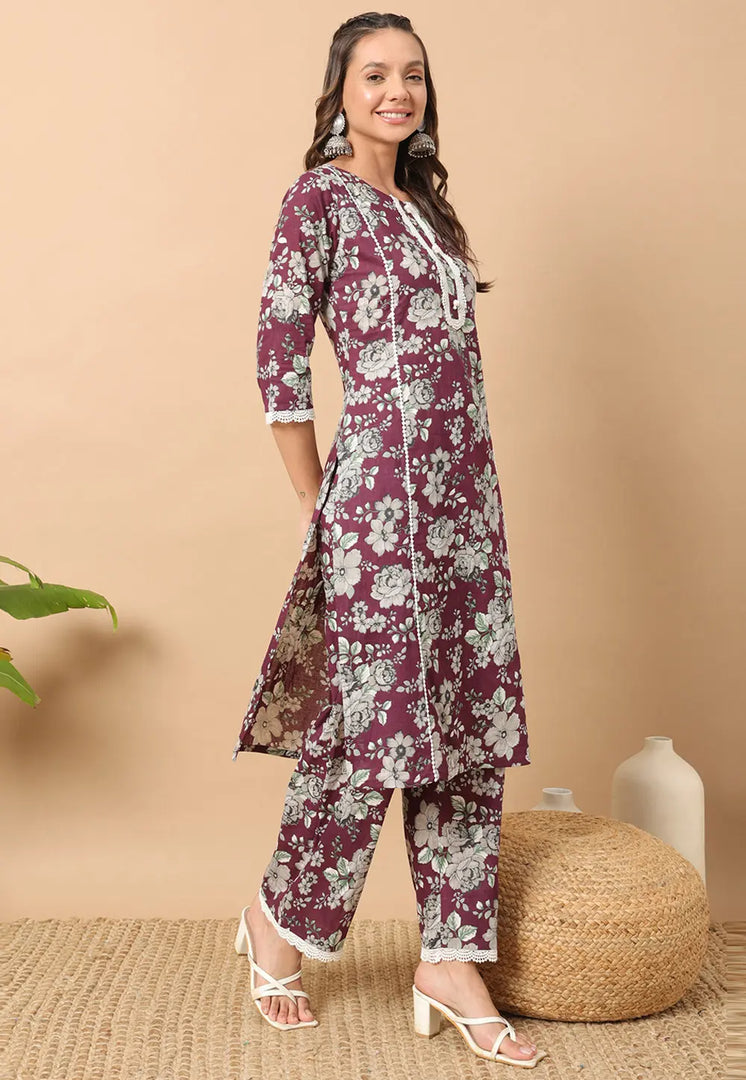 Wine Cotton Kurta Set With Pent