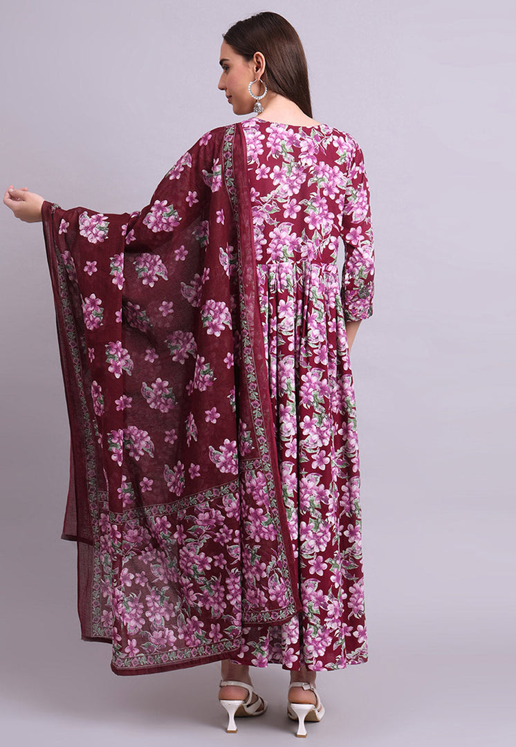 Wine Cotton Readymade Long Anarkali Suit