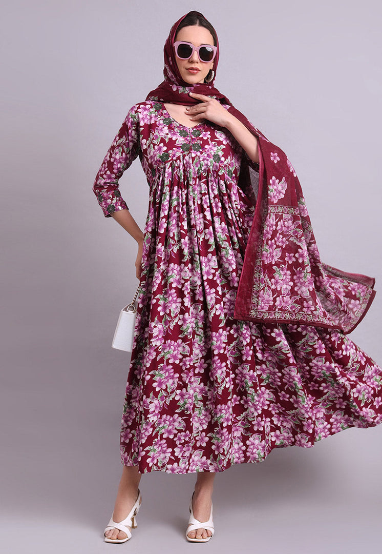 Wine Cotton Readymade Long Anarkali Suit