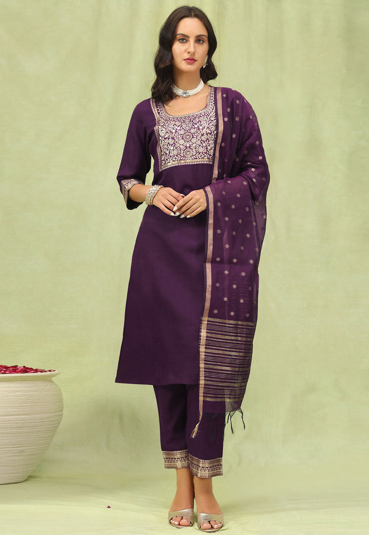 Wine Cotton Readymade Pant Style Suit