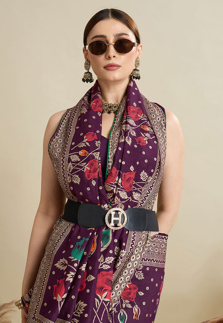 Wine Cotton Saree With Blouse