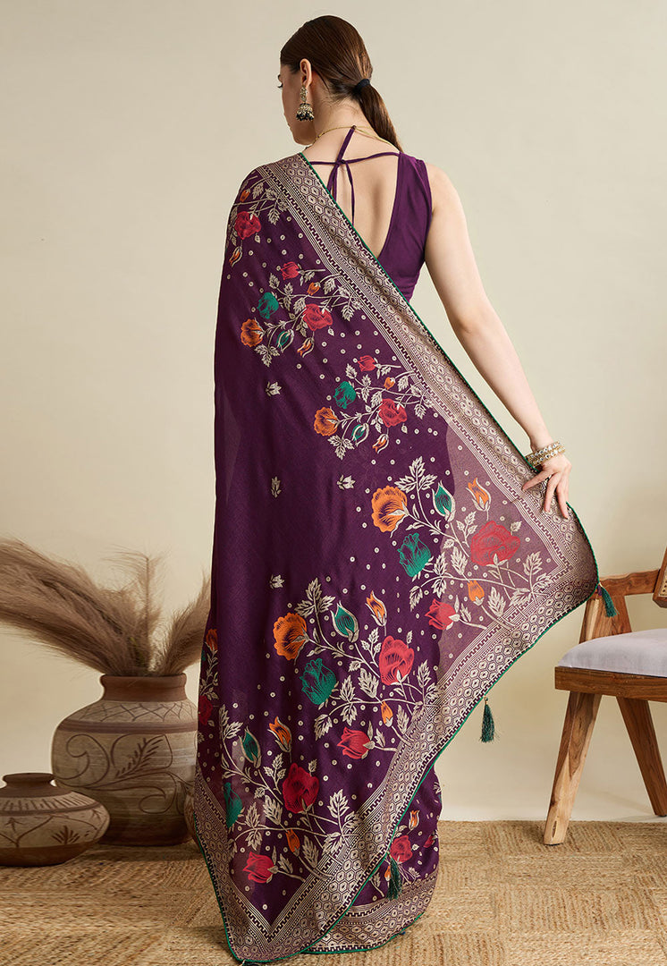 Wine Cotton Saree With Blouse