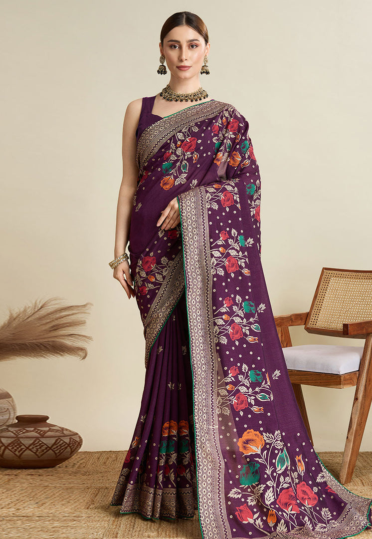 Wine Cotton Saree With Blouse