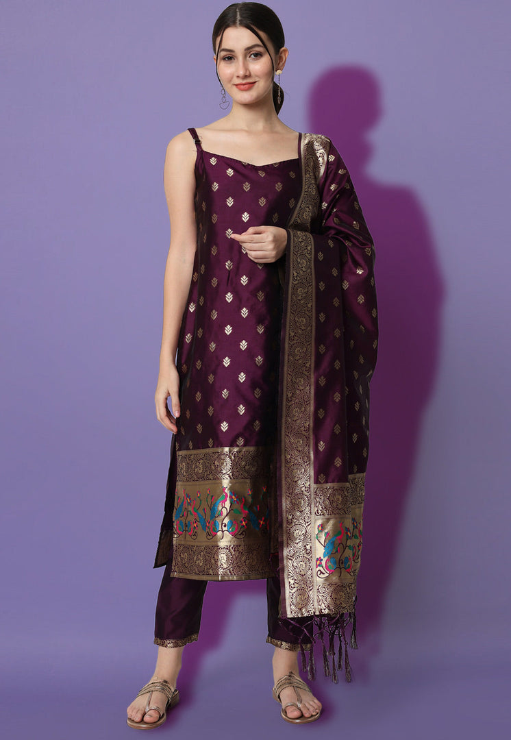 Wine Cotton Silk Readymade Pakistani Suit
