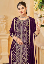 Load image into Gallery viewer, Wine Faux Georgette Embroidered Gharara Suit
