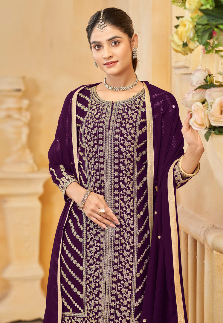 Wine Faux Georgette Embroidered Gharara Suit