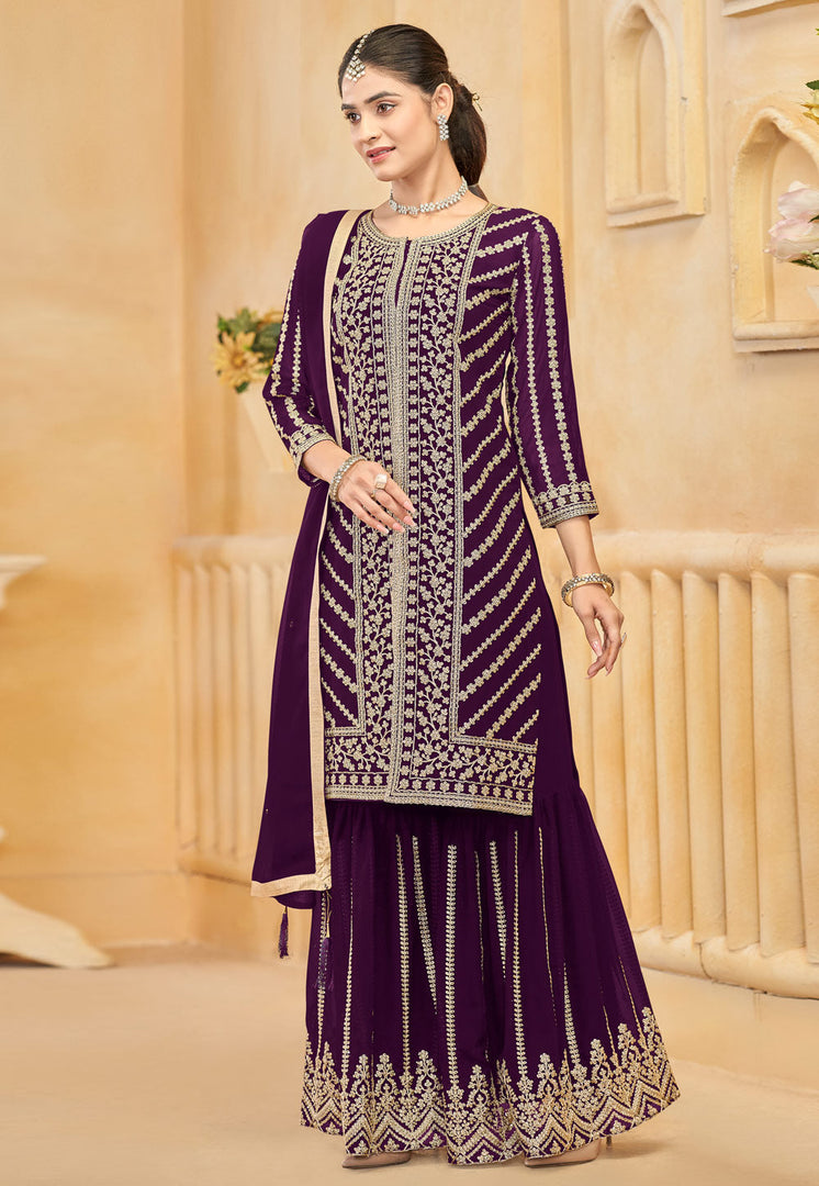 Wine Faux Georgette Embroidered Gharara Suit