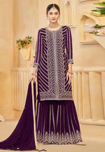 Load image into Gallery viewer, Wine Faux Georgette Embroidered Gharara Suit
